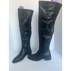 NWT Zara Tall Over The Knee Black Vegan Leather Square Toe Pull On Boots Sz 9